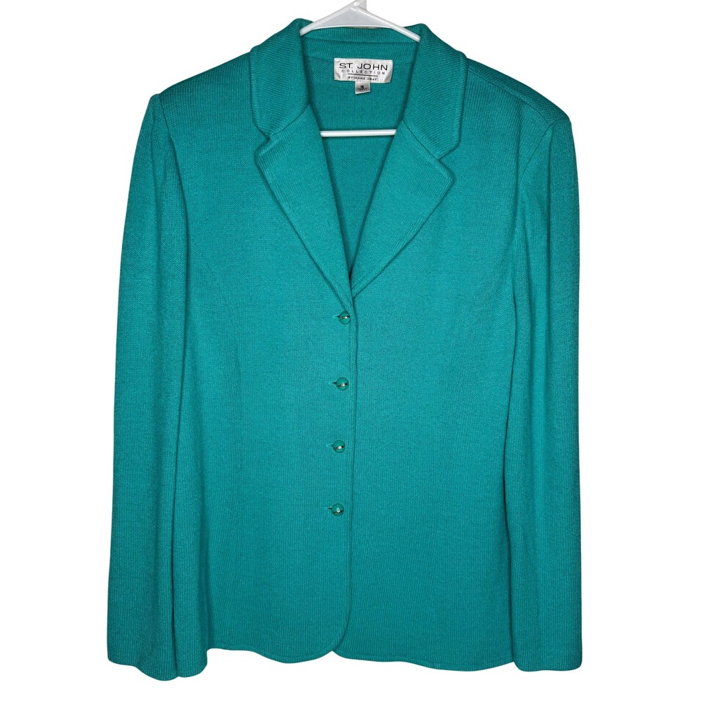 St John Collection Marie Gray Turquoise Teal Santana Knit Blazer Jacket Size 16